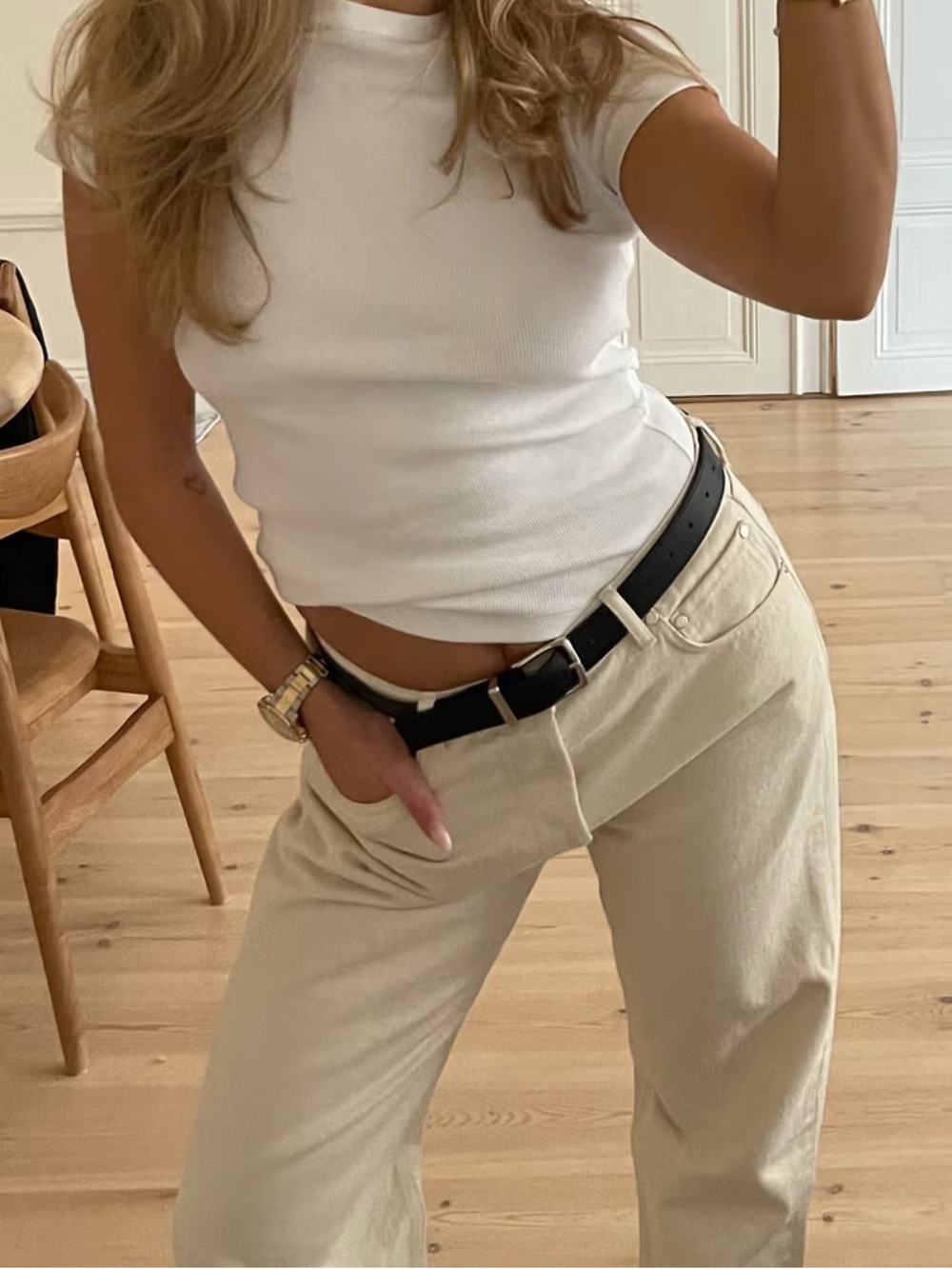 Djerf Avenue White Ribbed Crew Tee size S